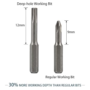 Long deep-reach bit beside a shorter standard bit for recessed screw access