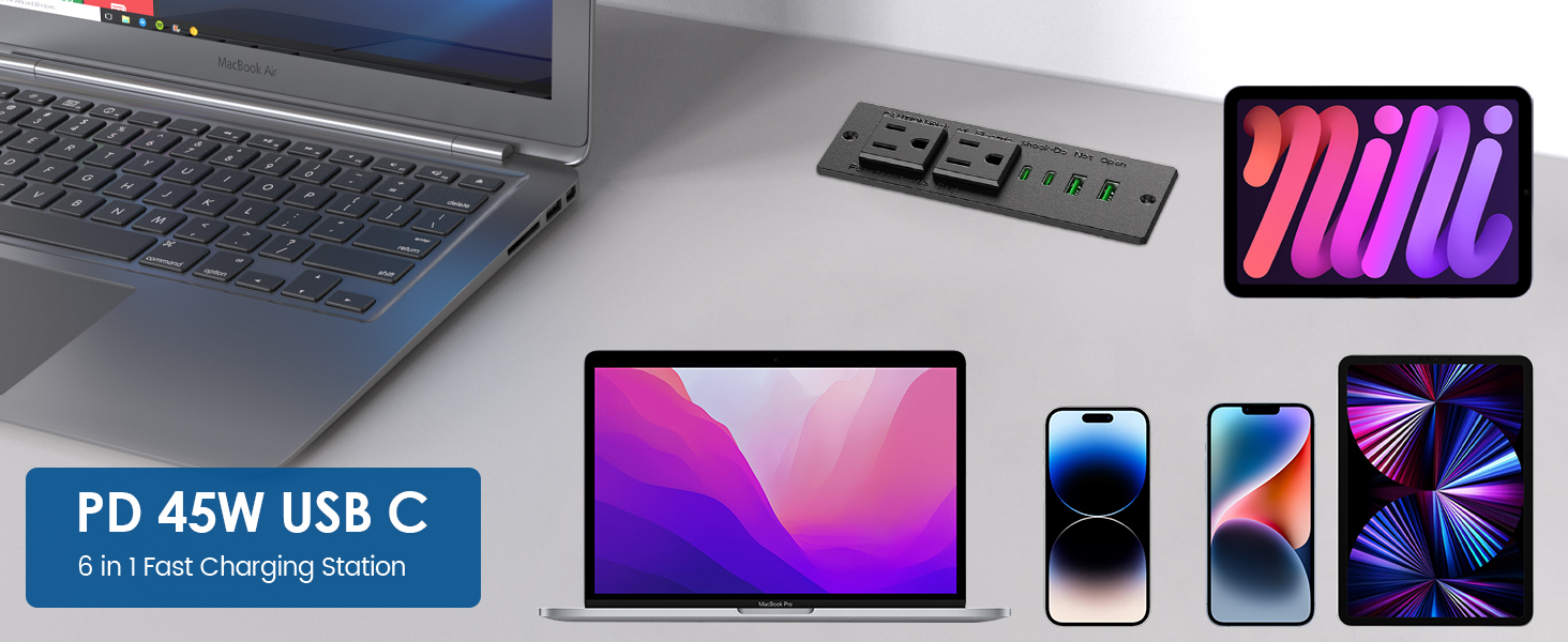 45W USB C Recessed Power Strip