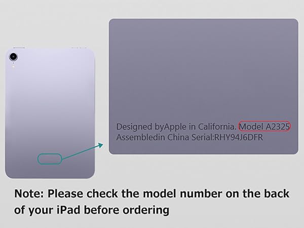 Back of an iPad showing model number A2329. Image instructs to check model number before ordering. Lavender-colored device with camera in upper left corner.