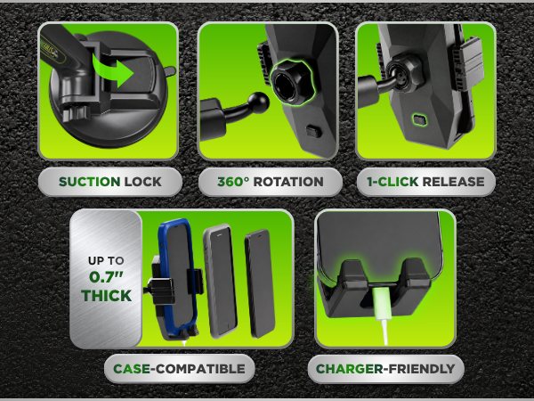 One click release phone holder with charger friendly base for thick phone cases