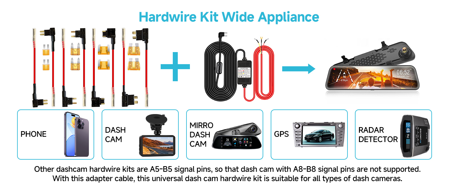 Hardwire kit for wide appliances. Includes cables, adapters for various devices like dash cams, phones, and GPS units.