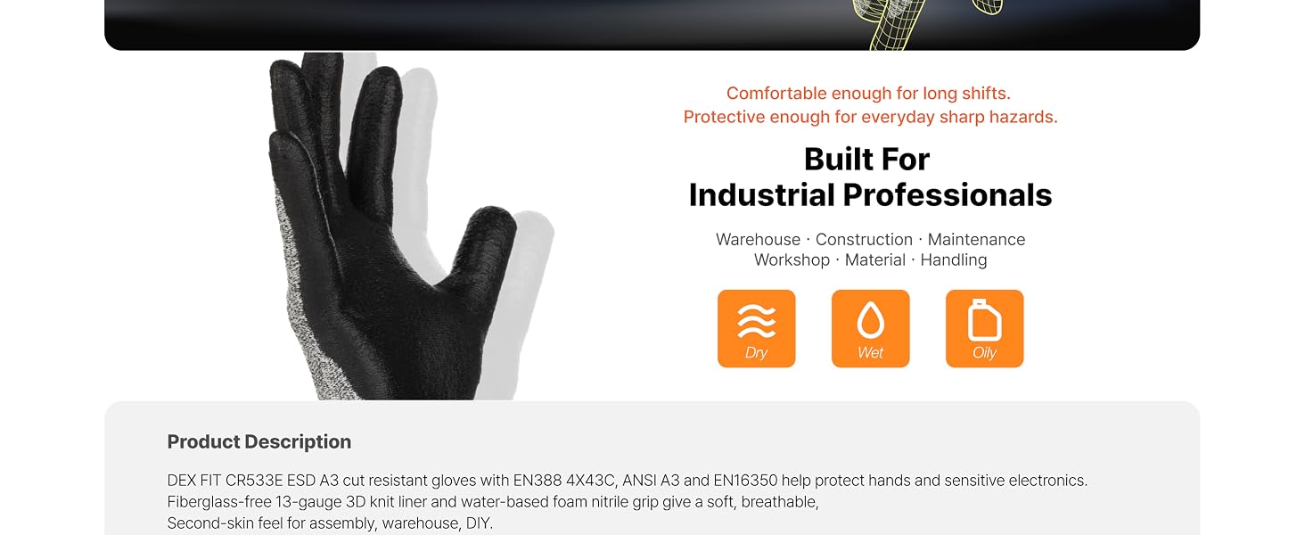 Electronics assembly pc building pcb handling esd work glove dex fit cr533e