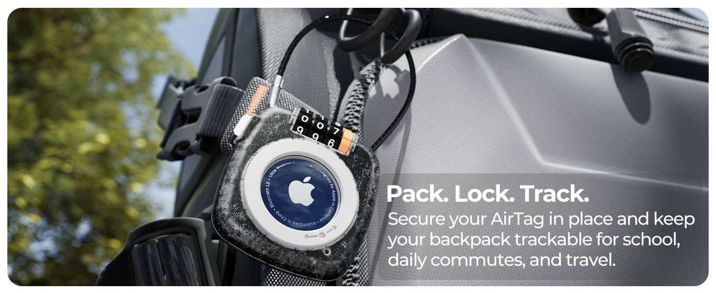 Lockable AirTag holder attached to backpack zipper for anti-theft travel tracking.