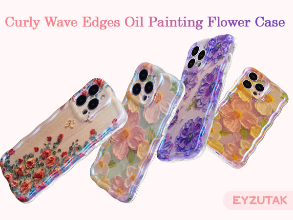 Four decorative phone cases featuring floral oil painting designs in purple, orange, and pink colors, displayed against white background. Cases show camera cutouts compatible with iPhone models.
