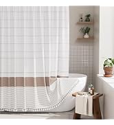 AmazerBath Boho Shower Curtain Set, Rustic Faux Linen Pink Striped Shower Curtain with Hooks, Mod...
