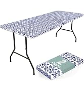 misaya 2 Pack 6 Foot Rectangle Picnic Tablecloth, Elastic Fitted Waterproof Table Cover, Windproo...