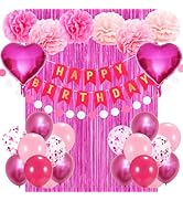 Pink Birthday Party Decorations for Girls Women with Happy Birthday Banner,Fringe Curtain,Foil Ba...