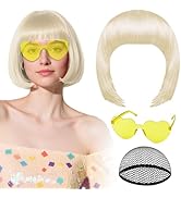 PLULON Platinum Blonde Bob Wig with Heart Sunglasses and Hair Cap for Women, Short Bob Wigs Synth...