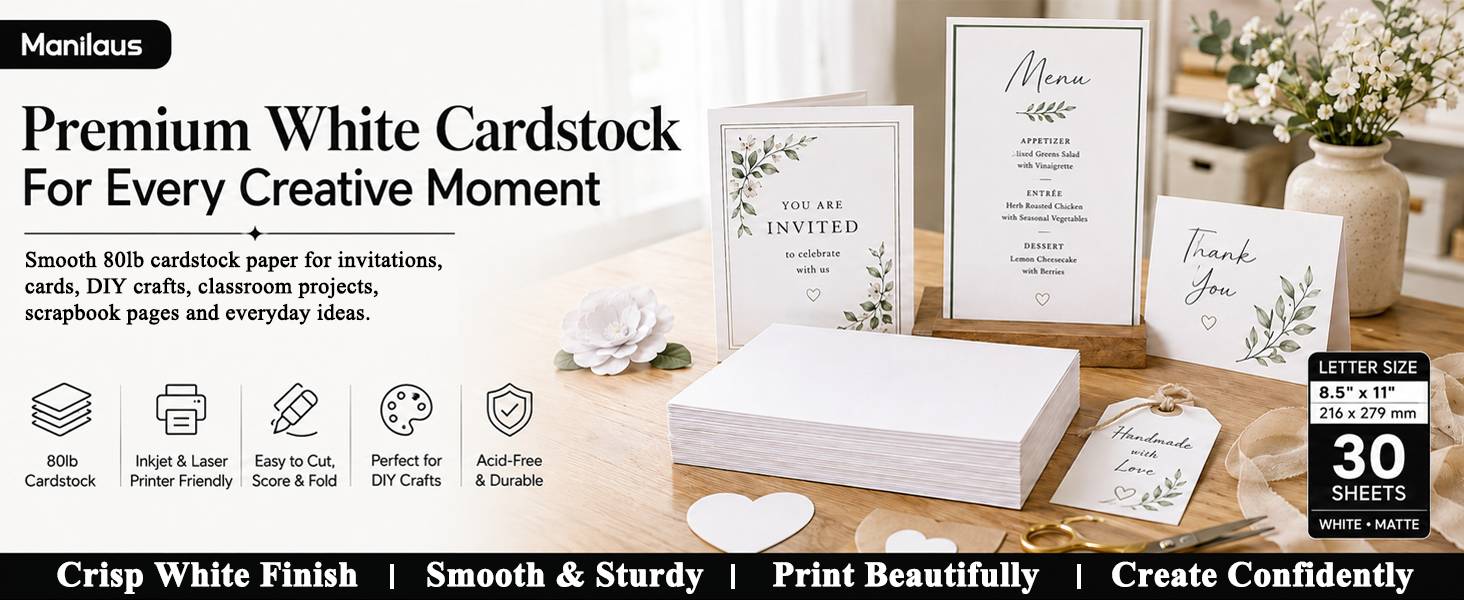 Manilaus 80lb white cardstock 8.5 x 11 for invitations, cards, scrapbook pages, inserts