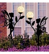 Ouddy Decor 2 Pack Solar Fairy Garden Decor, Metal Fairy Statues with Crackle Glass Globe Solar G...