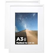 KINLINK A3 Picture Frame White Set of 2, Wooden Photo Frames Matted A4 with Plexiglass for A4 wit...