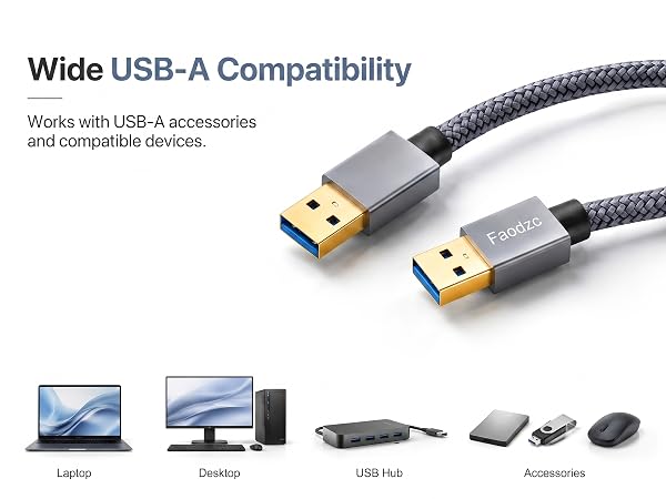 USB-A cable compatible with laptops, desktops, and USB hubs.