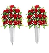 U'Artlines 2Pcs Artificial Cemetery Flowers with Vase for Grave, Silk Memorial Day Rose Flowers B...