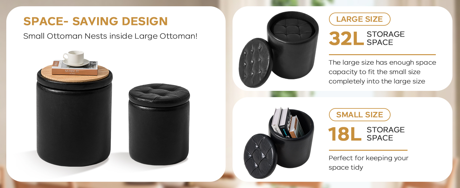 oakvivo Round Ottoman Foot Stool with Storage Set of 2, Storage Ottoman, Faux Leather Footstool
