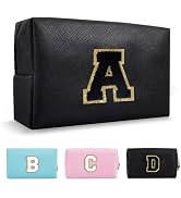 Personalized Initial A-Z Preppy Patch Makeup Bag,Small PU Chenille Letter Cosmetic Bag with Zippe...