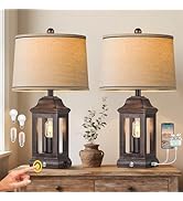 24" Rustic Farmhouse Table Lamps for Living Room Set of 2, Touch Dimmable Nightlight Vintage Beds...