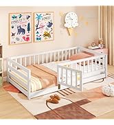Giantex Twin Floor Bed with High Fence & Door, Montessori Floor Bed with 21.5" Safety Guardrails,...