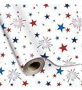 JarThenaAMCS Patriotic Wrapping Paper -Mini Roll- 17 Inch x 32.8Ft Red Blue Star Firework Gift Wr...