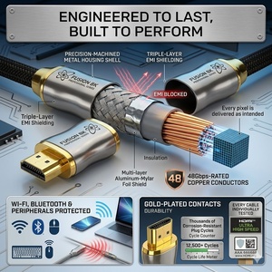 Close-up of Fusion8K HDMI connector showing gold-plated contacts and braided cable construction