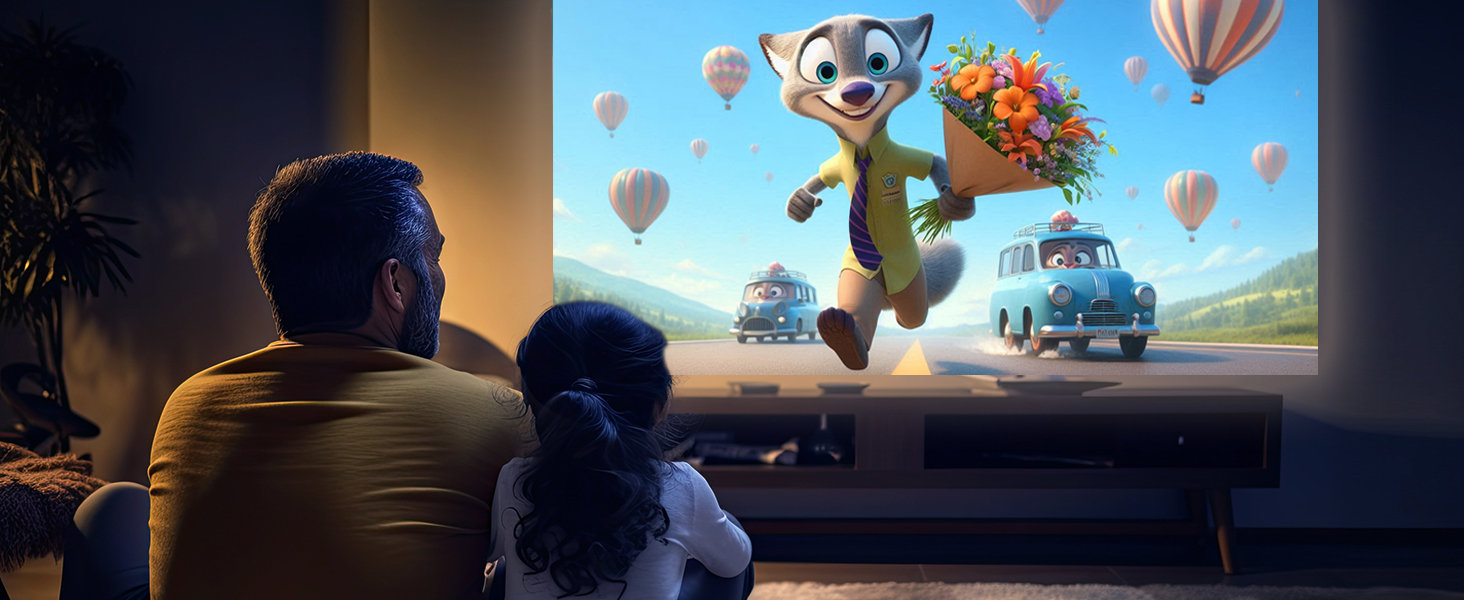 Home theater or living room setting showing animated movie projection on large screen featuring cartoon character and hot air balloons.