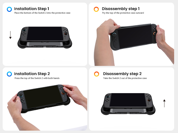 Text reads 'Installation Step 1', 'Disassembly Step 1'. Multiple images showing step-by-step assembly/disassembly instructions for a black electronic device component.