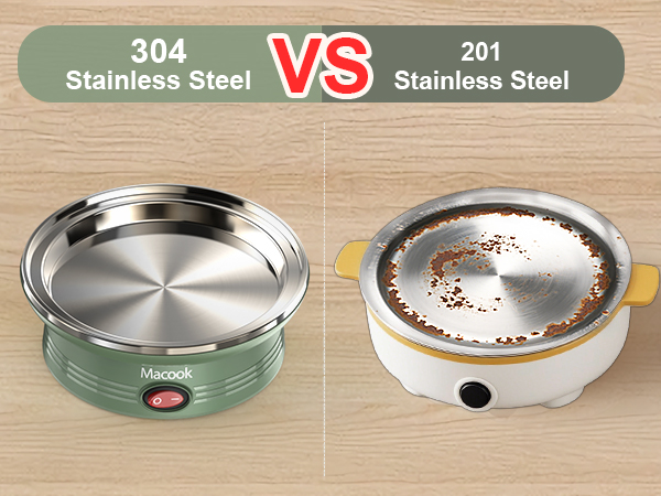 Comparison of two electric coffee roasters: green 304 stainless steel model on left, white 201 stainless steel model on right. Left shows empty roasting pan, right shows pan with coffee beans.
