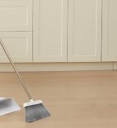 JOYMOOP White Broom and Dustpan Set, Upright Angle Design with Built-in Comb Teeth for Kitchen, O...