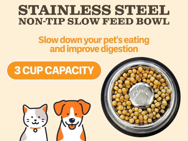 Stainless Steel Non-Tip Slow Feed Bowl, 3 Cup Capacity