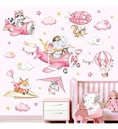 decalmile Pink Airplane Animals Wall Stickers Elephant Fox Rabbit Hot Air Ballon Wall Decals Baby...