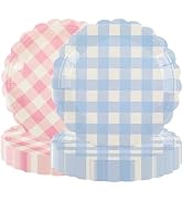 PUEVENYI 50Pcs Baby Gender Reveal Paper Plates - 7Inch Striped Scalloped Dessert Plates Disposabl...