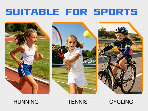 Text reads 'SUITABLE FOR SPORTS', 'RUNNING', 'TENNIS', 'CYCLING'. Three photos showing athletes running, playing tennis, and cycling with orange geometric overlay panels.