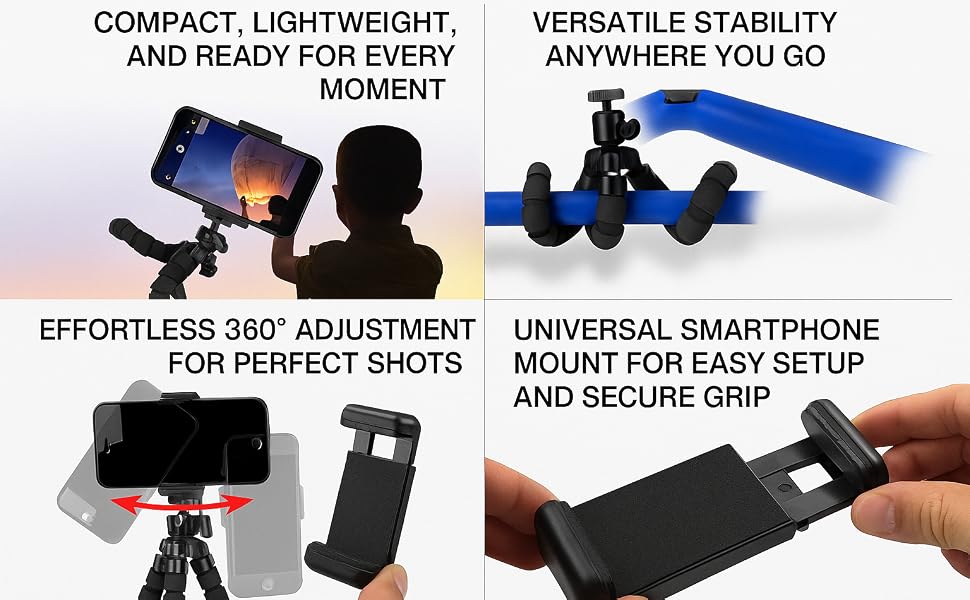 Trípode flexible para smartphone con diseño compacto, ajuste 360° y soporte universal seguro