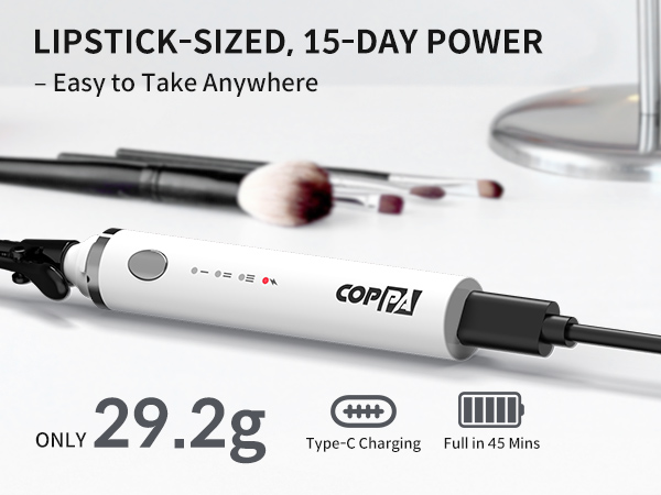 Lipstick-sized power bank with 15-day capacity. Features 29.2g weight, Type-C charging, and 45-minute full charge. Shown with makeup items for size comparison.