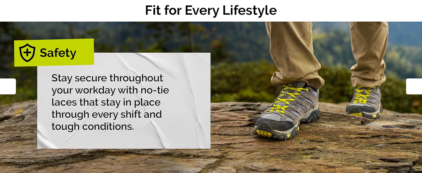 Stay secure during long work shifts with Caterpy's no-tie elastic laces.