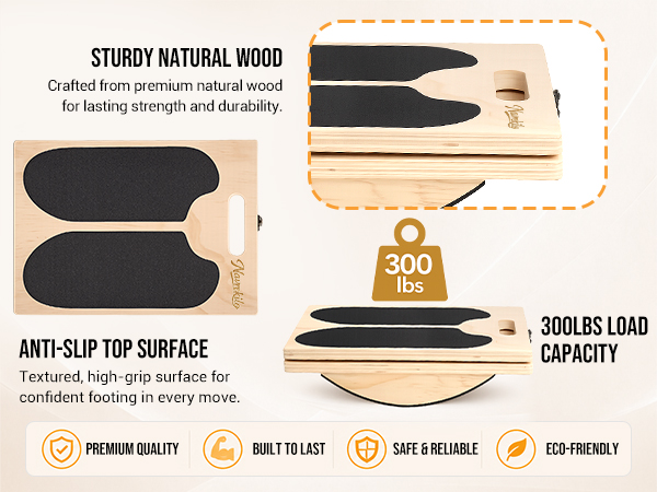 Wooden slant and balance board with anti-slip surface and 300 lbs load capacity.