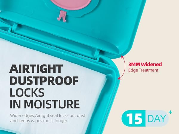 Wider edges + airtight seal on Muyocare portable box. Locks dust & moisture for on-the-go wipes.
