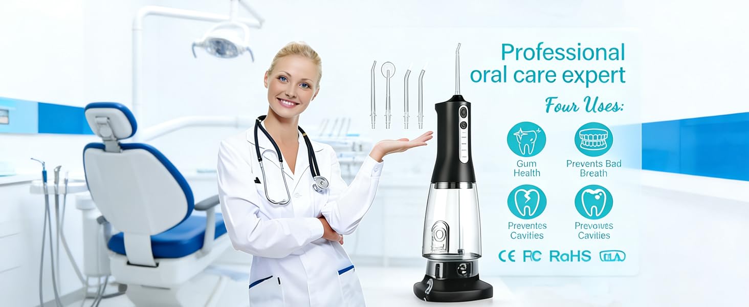 Text reads 'Professional oral care expert'. Composite of dental care images showing dental equipment, tools, and care procedures with blue-tinted medical theme.