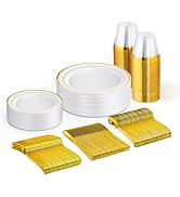 150 PCS Gold Disposable Dinnerware Set for 25 Guests, Gold and White Plastic Plates for Party, 25...