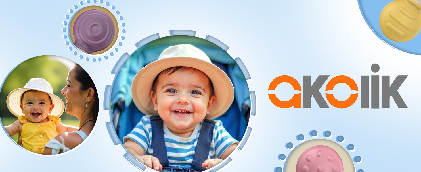 Digital brand banner for 'akciik' featuring circular photo frames with decorative blue and orange design elements.