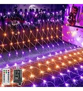 Ollny Halloween Net Lights Outdoor 200LED 9.8x6.6ft, Connectable Waterproof Orange and Purple Mes...