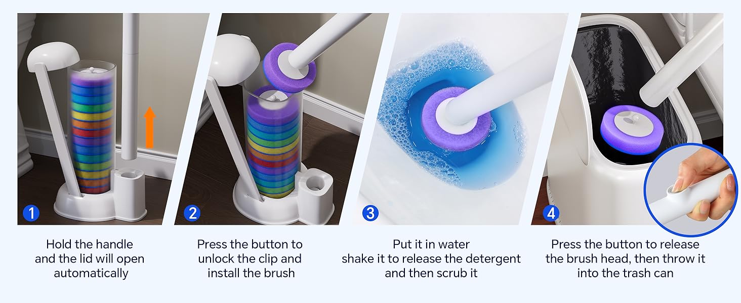 4 easy steps to use the hands-free disposable toilet wand. Click to attach, scrub, and toss.