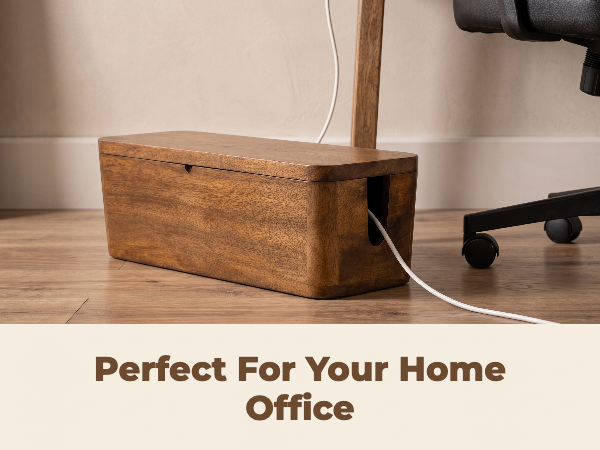 Mango wood cable box under a desk holding a full-size power strip, lid closed