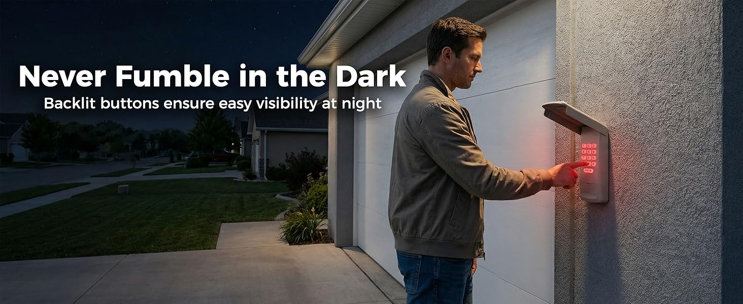 Garage door opener keypad remote with red backlit buttons for easy night visibility Wireless