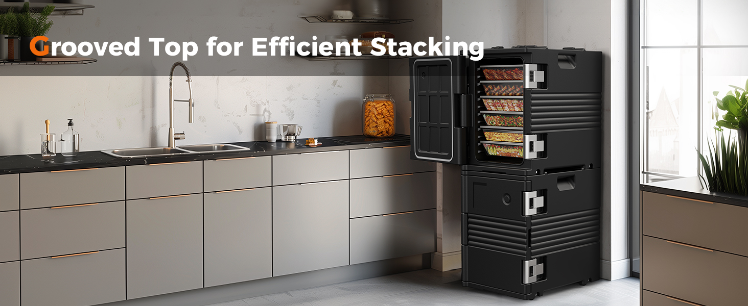 insulated food carrier with grooved top for efficient stacking