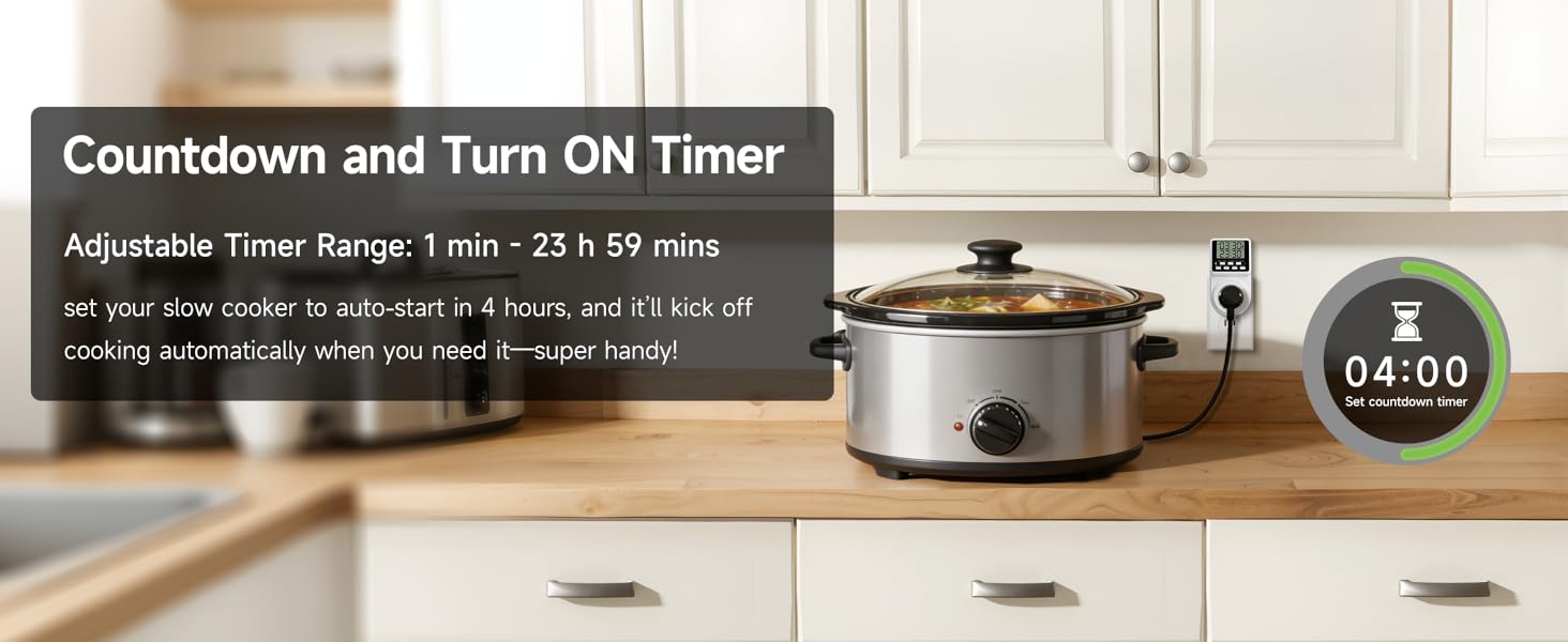The slow cooker is connected to a timer outlet, and set your slow cooker to auto-start in 4 hours