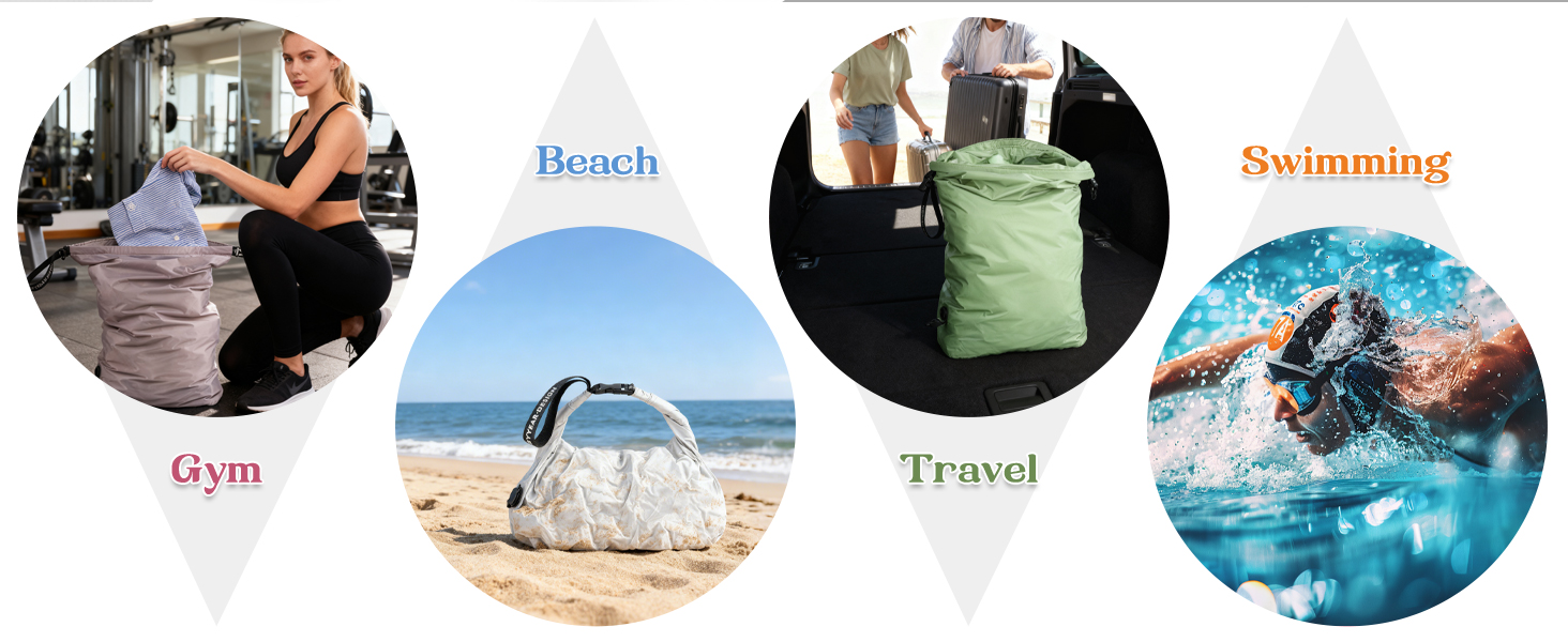 Collection of circular images showing various outdoor activities and landscapes including beach scenes, hiking, swimming, and adventure sports.