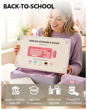 Woman holding a boxed pink wireless keyboard and mouse set in a back-to-school gift scene.