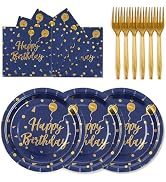 75PCS Happy Birthday Paper Plates - 7 Inch Dark Blue Gold Dot Paper Plates and 6.5 Inch Napkins w...