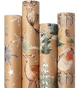 Ribbli 4 Rolls Christmas Wrapping Paper Vintage Kraft Wrapping Paper, 30 x 120 inch(10ft) Per Rol...