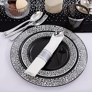 black plates and plastic silverware